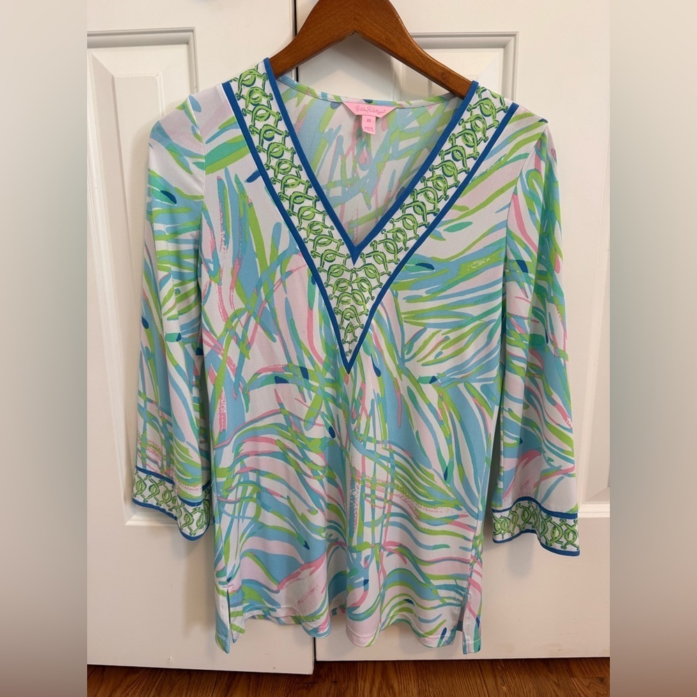LILLY PULITZER Port Tunic Skye Blue Salute Top Shirt Jersey 3/4 Sleeve XS